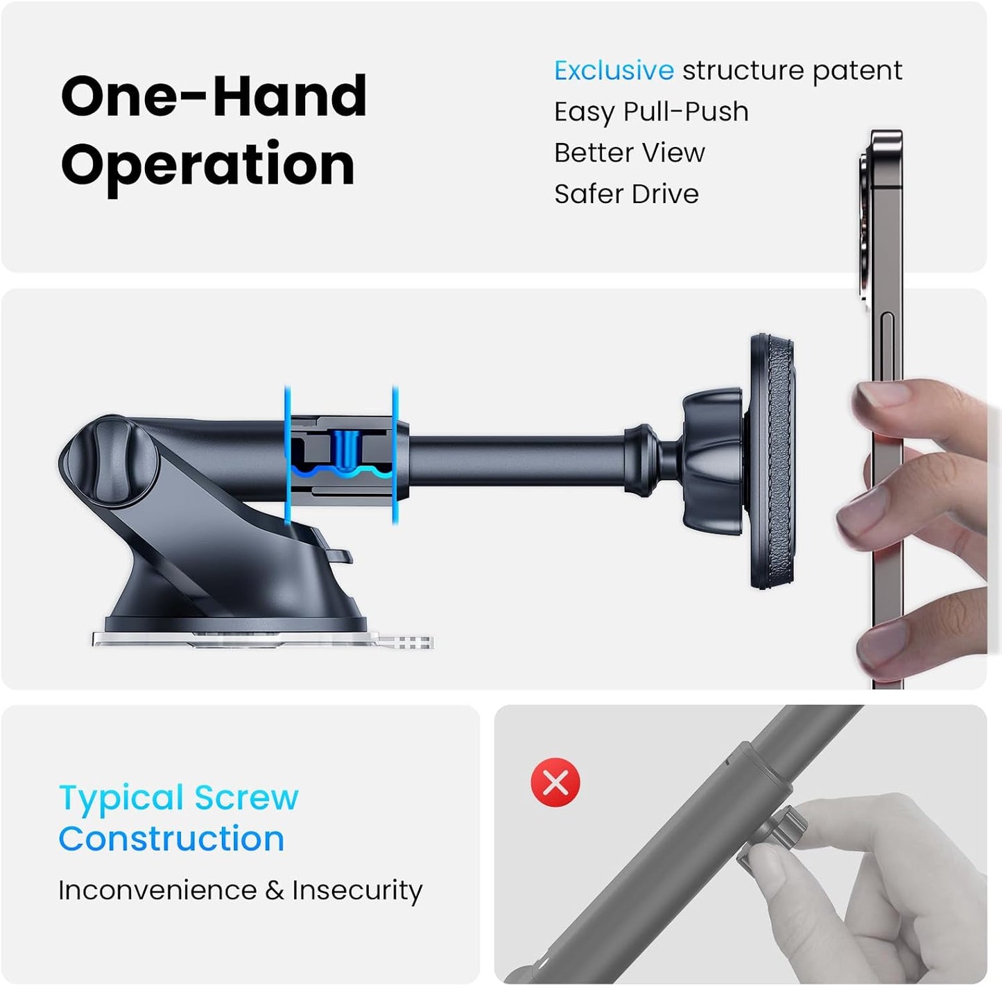 APPS2Car Magnetic Phone Mount for Car, Dashboard & Windshield Suction Cup Holder with Telescopic Arm, Requires Metal Plate for Proper Use, Fit for Android Smartphones(NOT for MagSafe)
