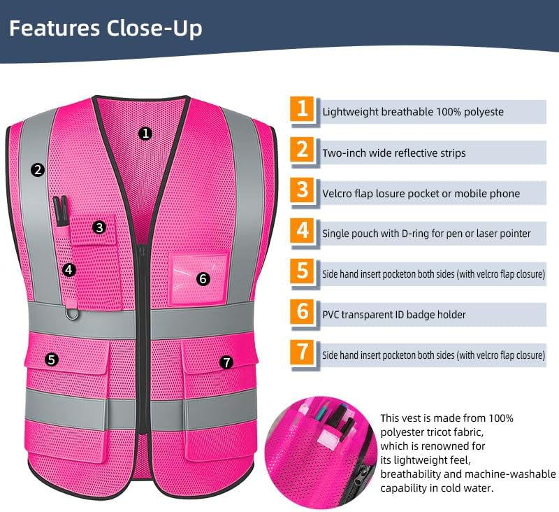 Reflective Safety Vest for Women Men High Visibility Security With Pocket Zipper Front Meet ANSI/ISEA Standard