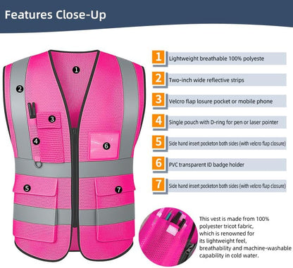 Reflective Safety Vest for Women Men High Visibility Security With Pocket Zipper Front Meet ANSI/ISEA Standard