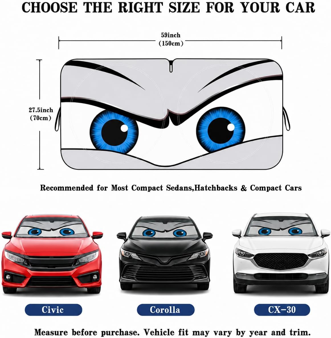 Car Windshield Sun Shade, Funny Cartoon Eyes Sun Visor for Car Windshield Universal Fits Sedan Compact Car Hatchback SUV, UV Heat Protection - 59 x 27.5