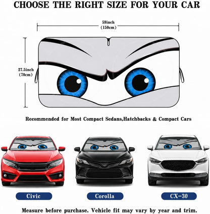 Car Windshield Sun Shade, Funny Cartoon Eyes Sun Visor for Car Windshield Universal Fits Sedan Compact Car Hatchback SUV, UV Heat Protection - 59 x 27.5