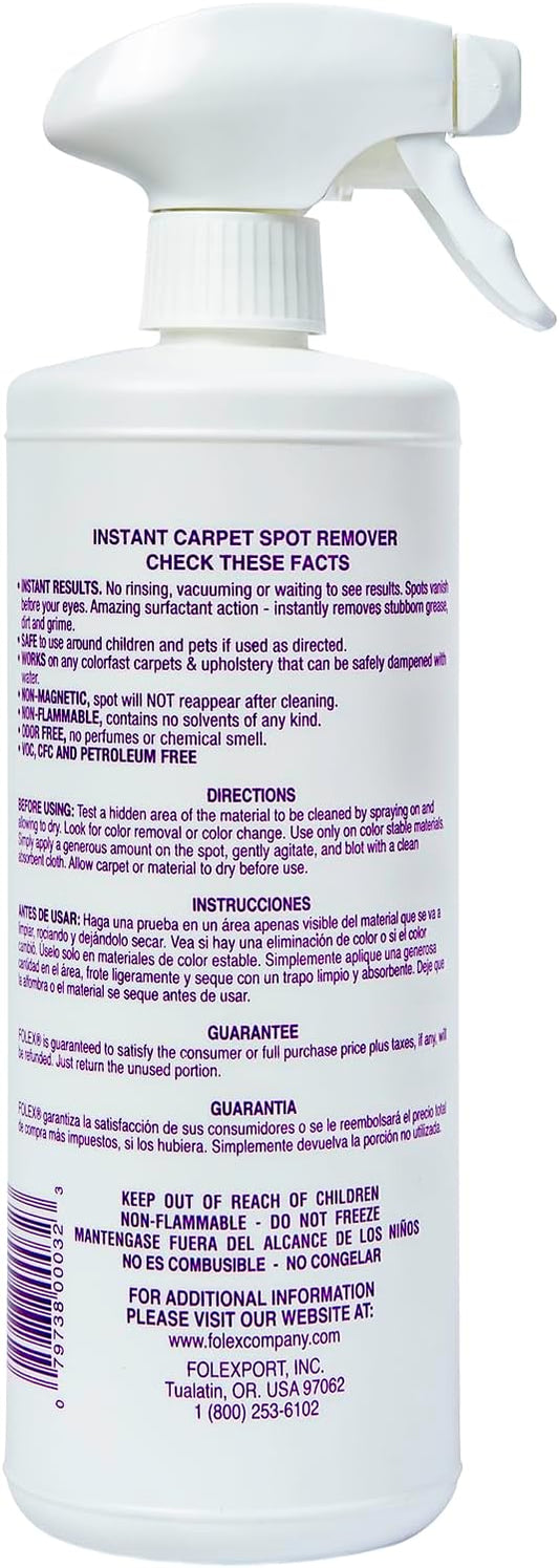 FOLEX Instant Carpet Spot Remover 32 oz – Powerful Stain Remover for Carpets, Upholstery & Rugs – Eliminates Pet Stains, Grease, Red Wine, Food, Makeup & More – With Reusable Cleaning Cloth - 1 Pack
