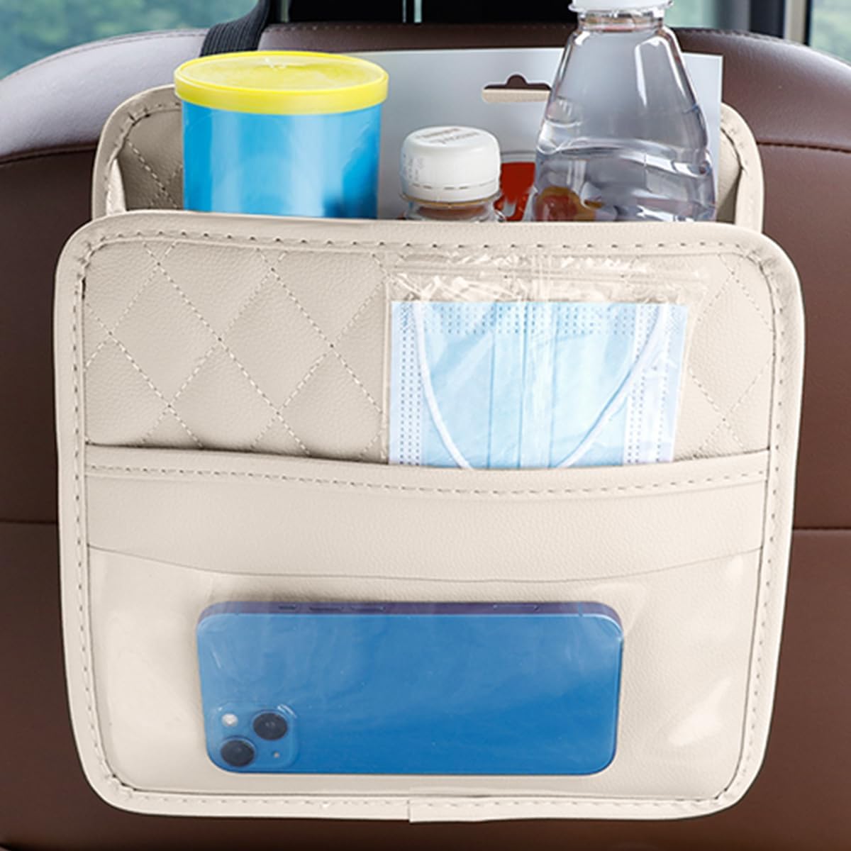 Mandark Car Seat Back Organizer, PU Leather Vehicle Backseat Hanging Storage Pocket, Multipurpose Auto Travel Essentials Accessories for Kids & Adults, Universal for Most Cars (Black)
