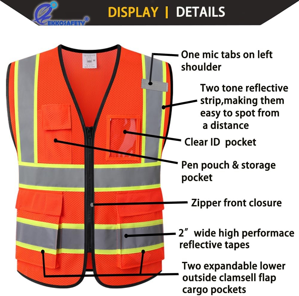 Reflective Mesh Safety Vest for Men Women with 5 Pockets and Zipper Front High Visibility Mesh Vest Hi Vis Construction Work Vest,Meets ANSI/ISEA Standards(EK175-Yellow-L)