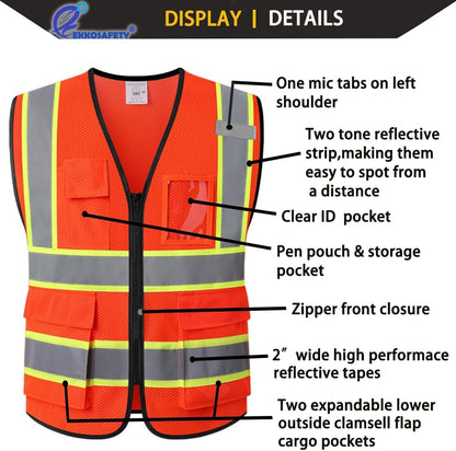 Reflective Mesh Safety Vest for Men Women with 5 Pockets and Zipper Front High Visibility Mesh Vest Hi Vis Construction Work Vest,Meets ANSI/ISEA Standards(EK175-Yellow-L)