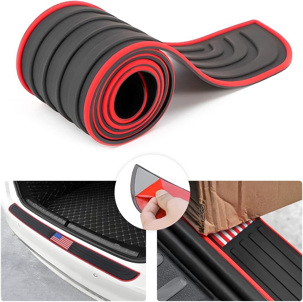 Car Rear Bumper Protector Guard, Anti-Scratch Abrasion Rubber Trunk Door Entry Sill Guard, Non-Slip Vehicle Trim Cover Protection Strip, Car Accessories for Most Cars and SUV (Black/Red/35.4" x2.7)