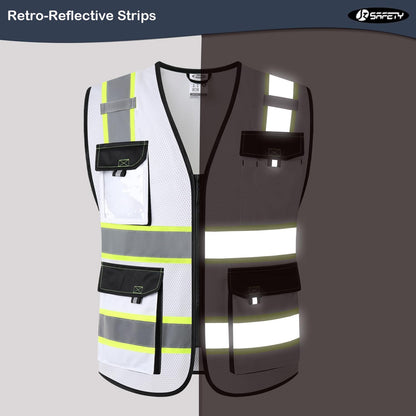 JKSafety Hi Vis Reflective Safety Vests for Men Women High Visibility Vest with Pockets Mesh Fabric Construction Safety Apparel Neon Vest for Work (220-Black L)
