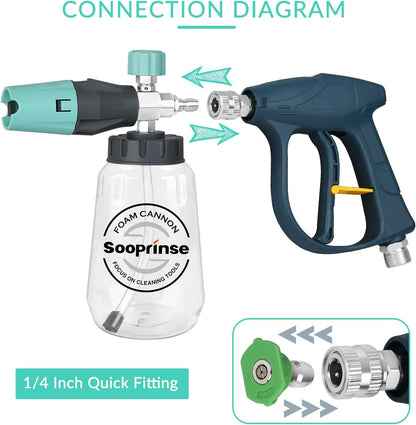Sooprinse Short Pressure Washer Gun With Foam Cannon, High Pressure Snow Foam Lance, 1/4 Inch Quick Connector, Power Washer Blaster, Car Wash Mitt, 3000 PSI, 1 Liter