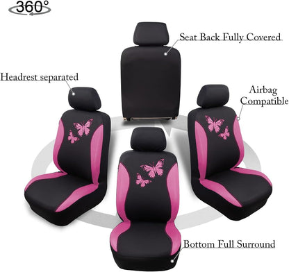 Flying Banner Butterfly car seat Covers ful Set Fashion Universal Lady Woman Female Rear Bench Split Colorized (Pink, 2 Fronts - Lace)