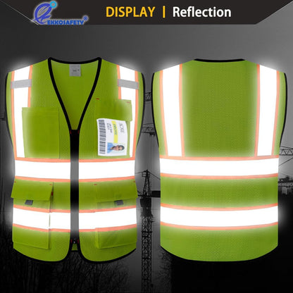 Reflective Mesh Safety Vest for Men Women with 5 Pockets and Zipper Front High Visibility Mesh Vest Hi Vis Construction Work Vest,Meets ANSI/ISEA Standards(EK175-Yellow-L)