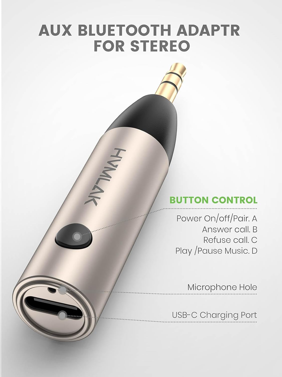 HVMLAK Bluetooth 5.4 Car Aux Adapter with Enhanced Microphone, 3.5mm Jack for Car Home Stereo, USB-C Charging, Sturdy Case, 1 Piece