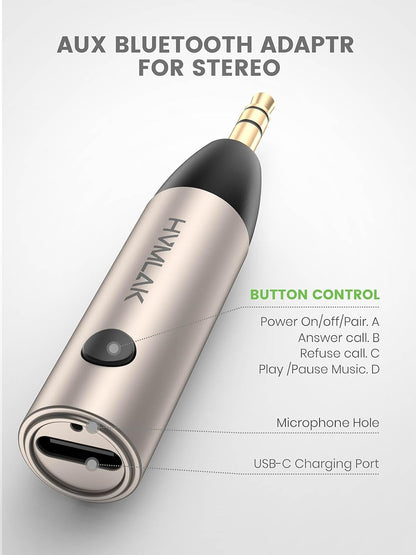 HVMLAK Bluetooth 5.4 Car Aux Adapter with Enhanced Microphone, 3.5mm Jack for Car Home Stereo, USB-C Charging, Sturdy Case, 1 Piece