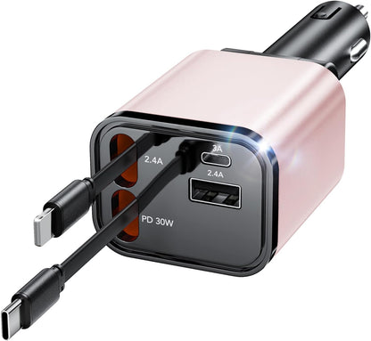 Retractable Car Charger,Car Phone Charger USB C Fast Charge,Cigarette Lighter USB Charger Car Accessories for Women,Road Trip Essentials Gift for Men,Car Charger for iPhone 17/16/15,Galaxy S26,Pixel