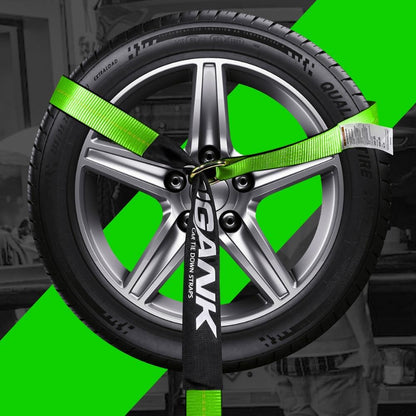 Heavy Duty Car Tie Down Straps (4PK) - 2" x 96" - 3,300 lbs Safe Working Load - Wheel Straps Comes with 5/16" Tow Hooks (Green)