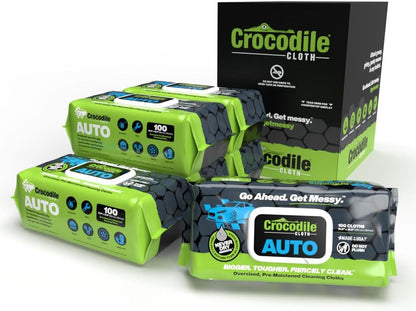Crocodile Cloth Auto Cleaning Wipes – 100 XL (15" x 10") Disposable Wipes for Car Engine Degreasing, Body Detailing & Tire Cleaning – Cuts Grease, Oil, Adhesives on Hands, Tools, Parts & More