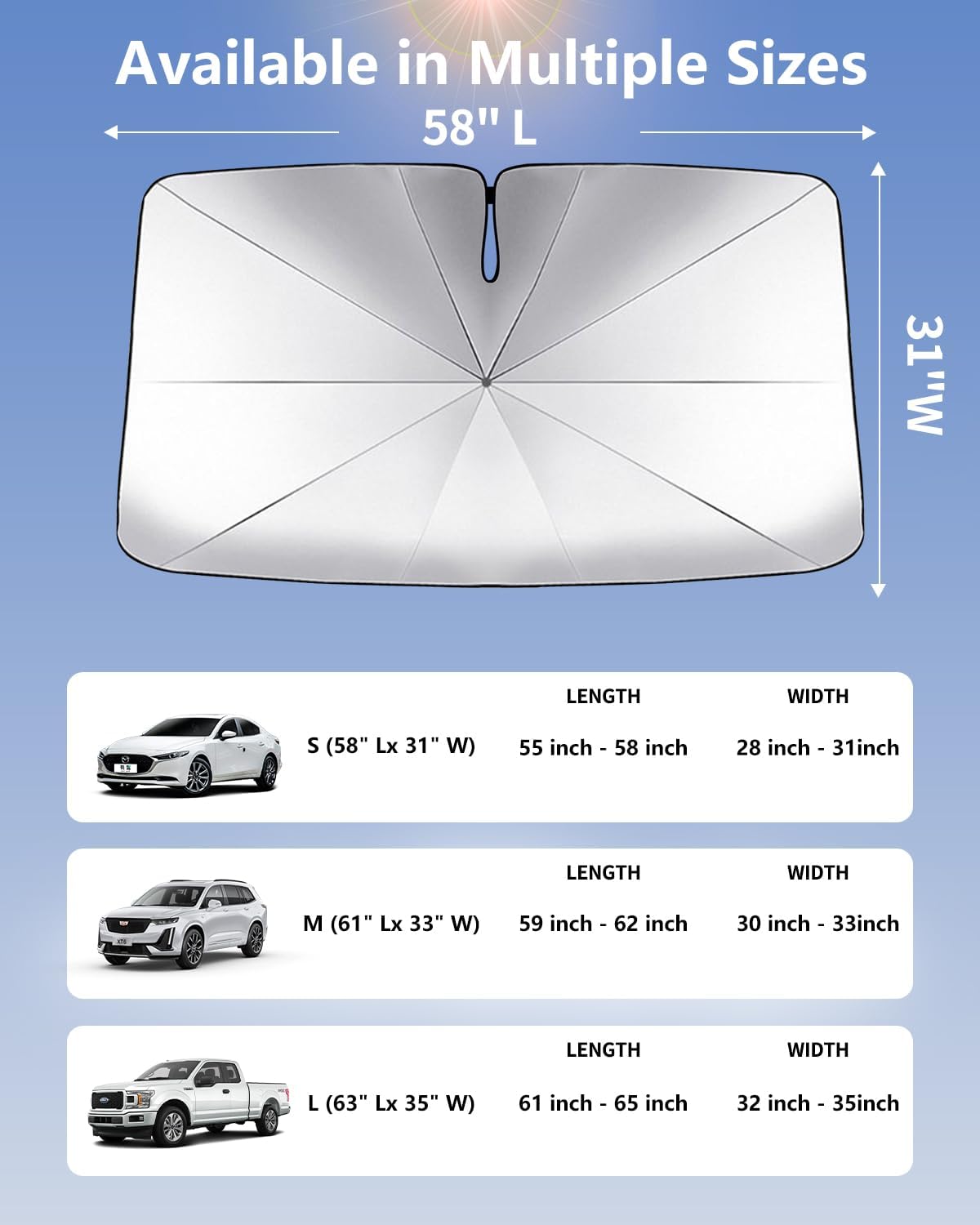 Windshield Sun Shade Umbrella for Car, Foldable Car Windshield Sunshade UV Block Heat Insulation, Fits Sedan SUV Truck, Compatible with Camry Accord Civic CRV Model Y Ideal Gifts for Men & Women