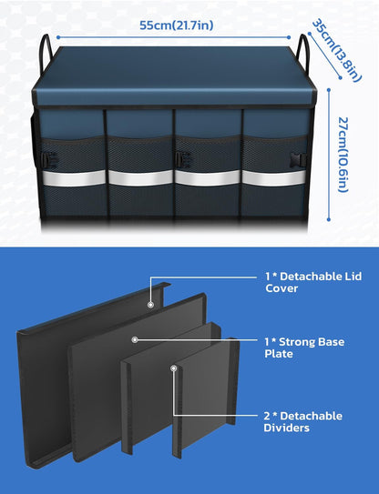 Oasser Car Trunk Organizer, 3 Compartments Collapsible Waterproof Car Organizer Storage with Foldable Cover, Reflective Strip, Non-Slip Bottom, 4 Mesh Pockets for SUV/Truck/Sedan/Camping/Road Trip