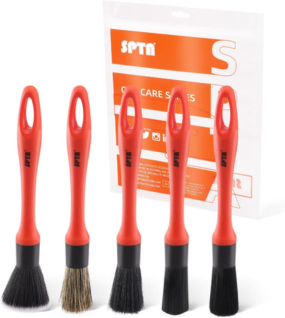 SPTA Car Detailing Brush Set, 5 Pack Soft Boar Hair Auto Detail Brush Kit with Elbow for Automotive Elegant Surface Interior Exterior Dashboard Emblems Panels Engine Bay Wheels Air Vent Seat Leather