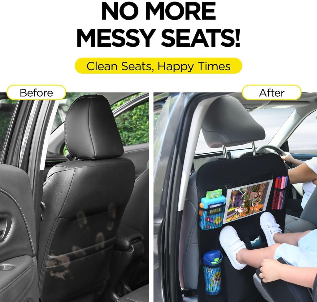 lebogner Back Seat Cover For Kids + 3 Pocket Storage Organizer, 2 Pack X-Large Waterproof Kick Mats Backseat Protector, Car Seat Back Protectors For Vehicles To Protect From Dirt, Mud & Scratches