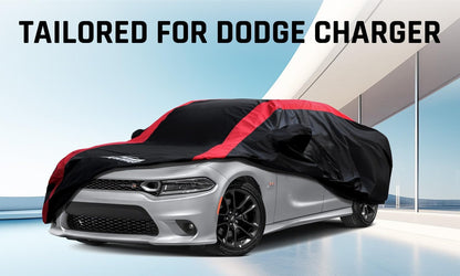 Car Cover Waterproof All Weather Protection with Red Stripe Design, Universal Fit Toyota Camry Solara, Ford Fusion, Kia Stinger Optima, Nissan Maxima, VW Passat, Subaru Legcy