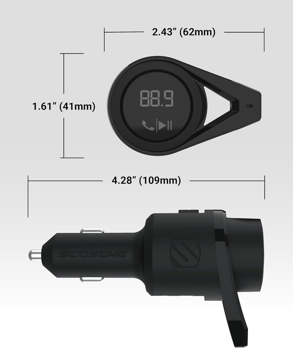 Scosche BTFM9 FM Bluetooth Transmitter Car, Dual 12W USB-C and USB-A Charging Ports, Fast Type C Car Charger, Wireless Radio Bluetooth Adapter, Hands-Free Kit for Calls, Siri and Google Assistant