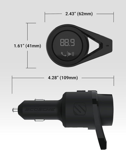 Scosche BTFM9 FM Bluetooth Transmitter Car, Dual 12W USB-C and USB-A Charging Ports, Fast Type C Car Charger, Wireless Radio Bluetooth Adapter, Hands-Free Kit for Calls, Siri and Google Assistant