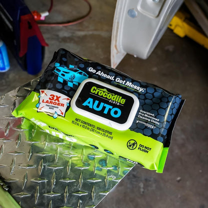 Crocodile Cloth Auto Cleaning Wipes – 100 XL (15" x 10") Disposable Wipes for Car Engine Degreasing, Body Detailing & Tire Cleaning – Cuts Grease, Oil, Adhesives on Hands, Tools, Parts & More