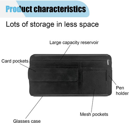 Suede Car Sun Visor Organizer with Multi-Pocket Net Zipper, Glasses Case, Sunglass Holder (Grey)