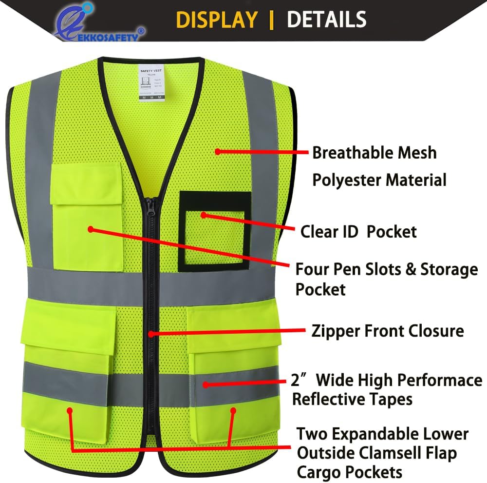 Reflective Mesh Safety Vest for Men Women with 5 Pockets and Zipper Front High Visibility Mesh Vest Hi Vis Construction Work Vest,Meets ANSI/ISEA Standards(EK175-Yellow-L)
