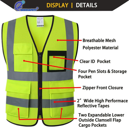 Reflective Mesh Safety Vest for Men Women with 5 Pockets and Zipper Front High Visibility Mesh Vest Hi Vis Construction Work Vest,Meets ANSI/ISEA Standards(EK175-Yellow-L)