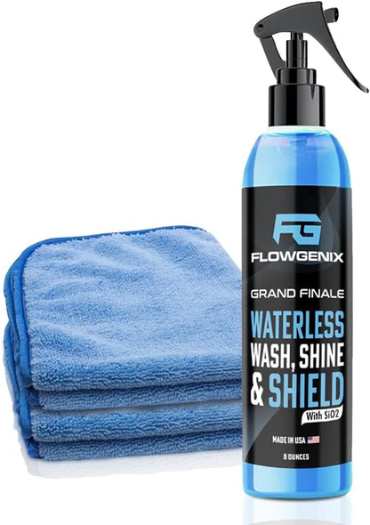 Flowgenix™ Waterless Car Wash Spray - Grand Finale - Motorcycle Cleaner & Car Wax Polish (8 oz) - Ceramic Coating - Incl. 2 Microfiber Towels - Quick Detailer Spray to Make Your Vehicle Shine