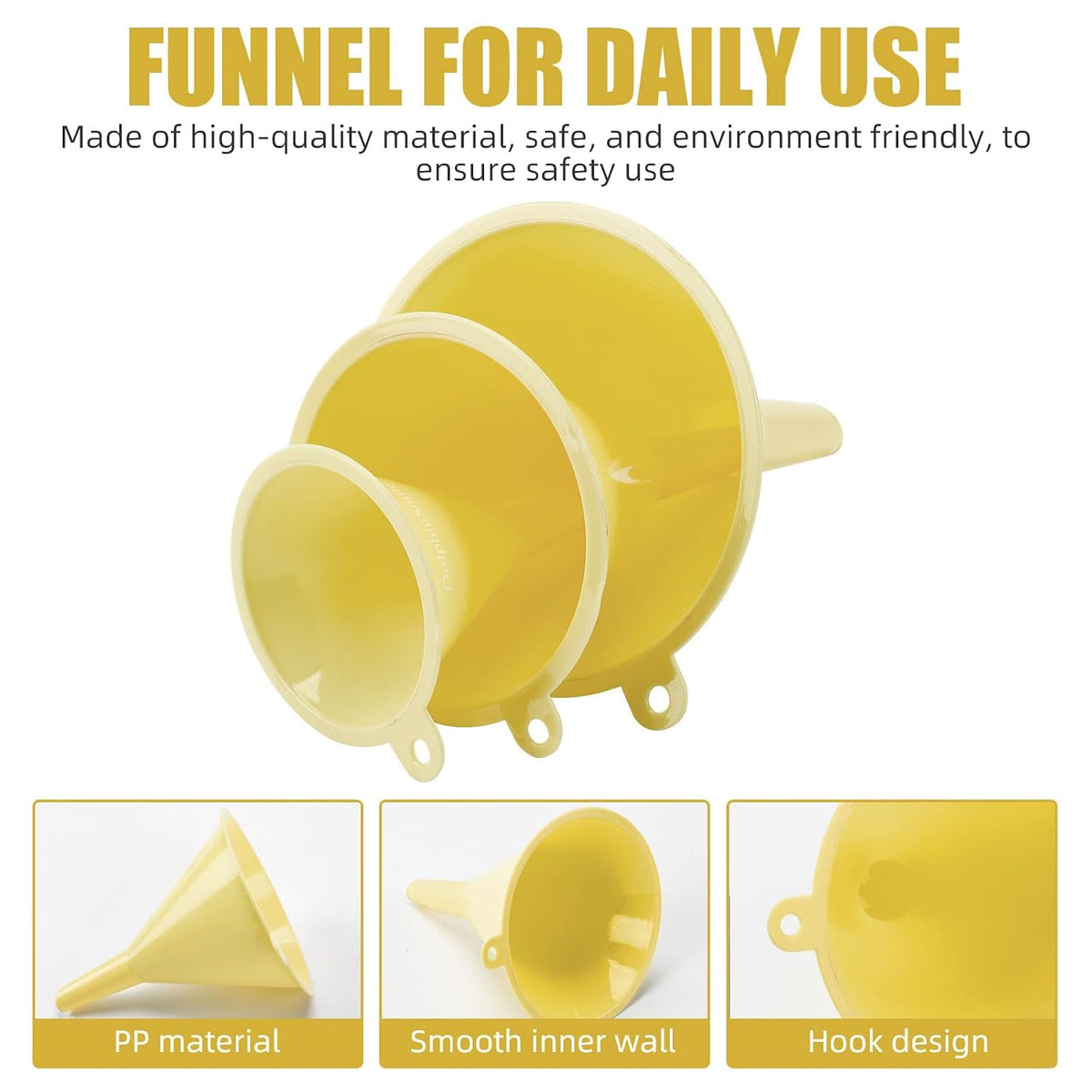Plastic Kitchen Funnel Set of 3, Round Kitchen Funnels for Filling Bottles, Durable and Multifunctional Funnels for Filling Canning, Cooking, Lab or Car Oil (Gray)