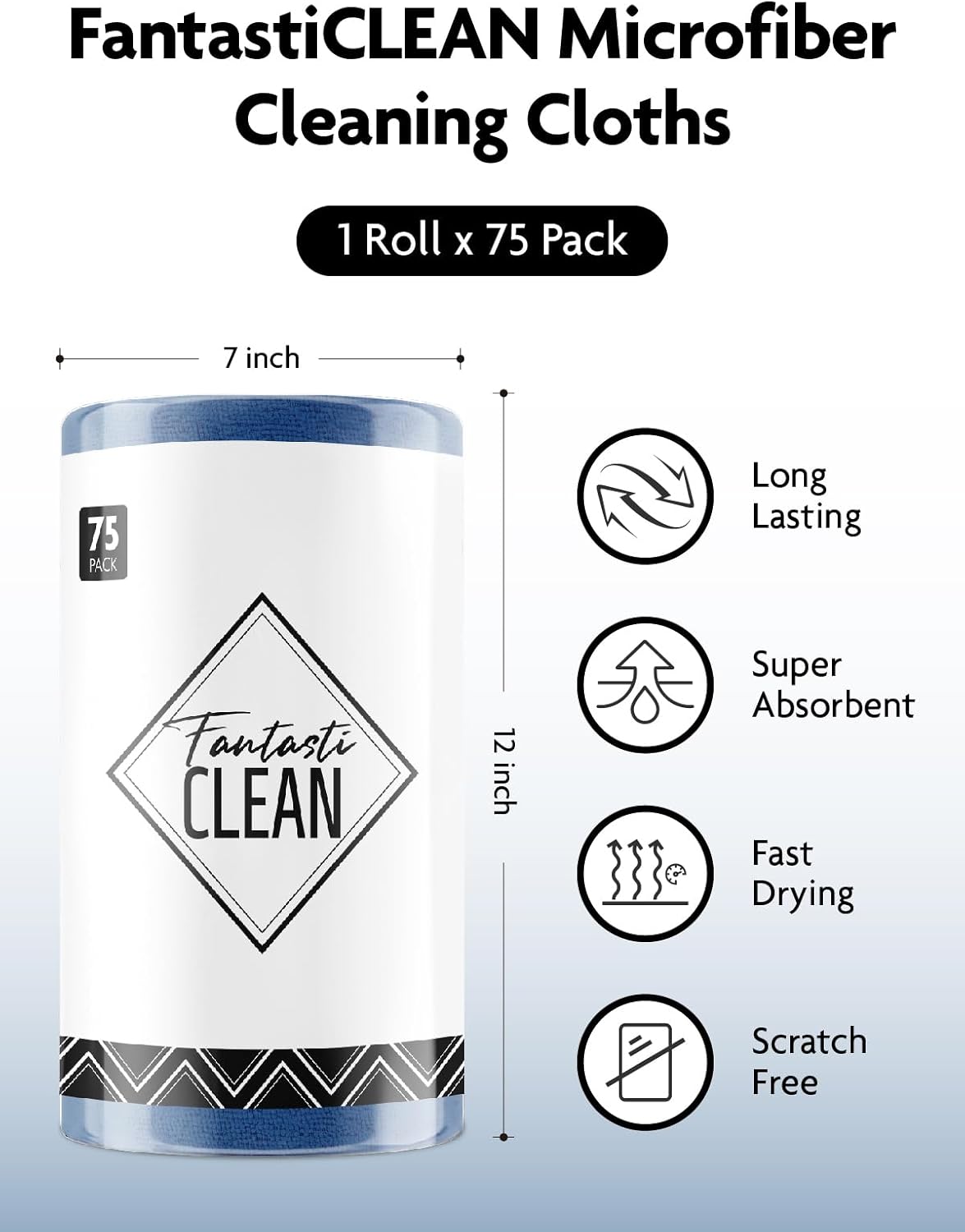 Fantasticlean Microfiber Cleaning Cloth Roll -75 Pack, Tear Away Microfiber Towels, 12" x 12", Reusable, Washable, Scratch Free, Ultra Absorbent for All-Around Cleaning Supplies (DimGray)