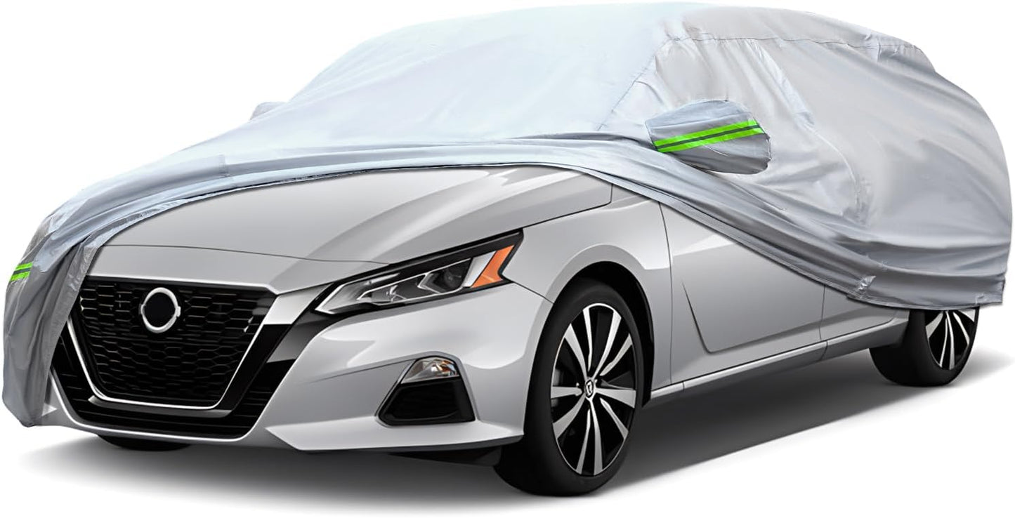 Full Car Cover Universal 6 Layers Outdoor Thicked All Weather Cover, Sunshield, Waterproof, Snow Proof, UV Proof, Scratch Proof, Bird Droppings, 6 Reflective Strips, Fits Sedans up 178"-189"