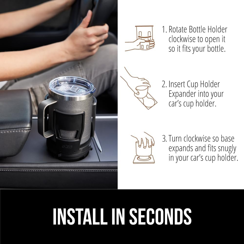 GORILLA GRIP Patent Pending Adjustable Car Cup Holder Expander, Keeps Water Bottle Secure, Expands to Fit 18 to 48 oz Large Bottles, Yeti, Owala, Stanley with Handle, Coffee Mug Insert for Cars, Black