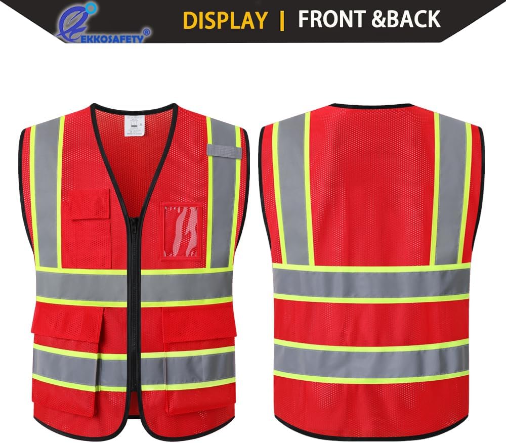 Reflective Mesh Safety Vest for Men Women with 5 Pockets and Zipper Front High Visibility Mesh Vest Hi Vis Construction Work Vest,Meets ANSI/ISEA Standards(EK175-Yellow-L)