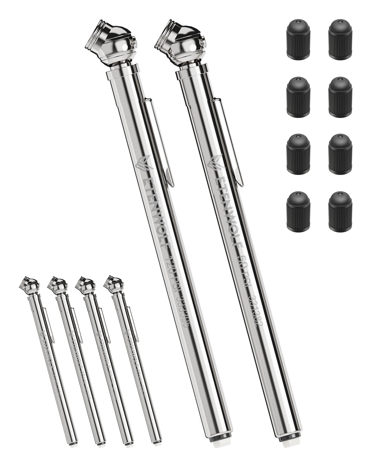 ETENWOLF Pencil Tire Pressure Gauge 2 Pack (10-50PSI, 20-120PSI) with 16 Tire Caps Calibrated to ANSI B40.1 Grade B(2%), Stainless Steel Body, Car Accessories for Cars, Pickups, RVs, Bicycles