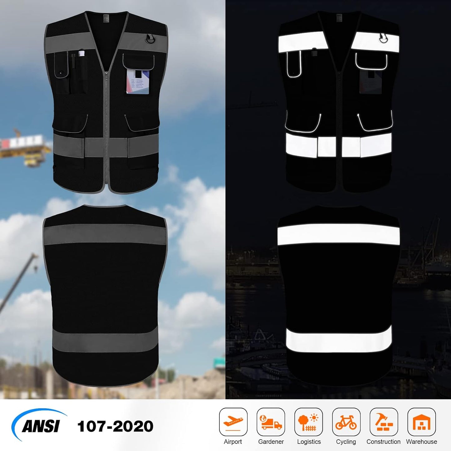 TCCFCCT Safety Vest for Men Women 9 Pockets High Visibility Vest for Safety, Reflective Work Vest with Reflective Strips, Meets ANSI/ISEA Standards, (Yellow, Large)