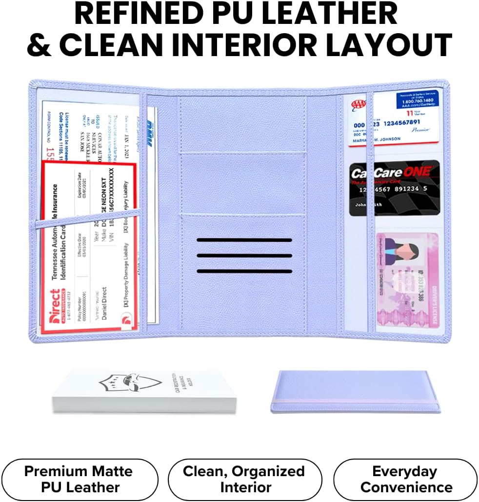 LINTRU Car Registration and Insurance Holder Trifold, Oversized Fit with Reinforced Construction, Matte PU Leather Vehicle Glove Box Organizer for Documents, Car Accessories for Men and Women
