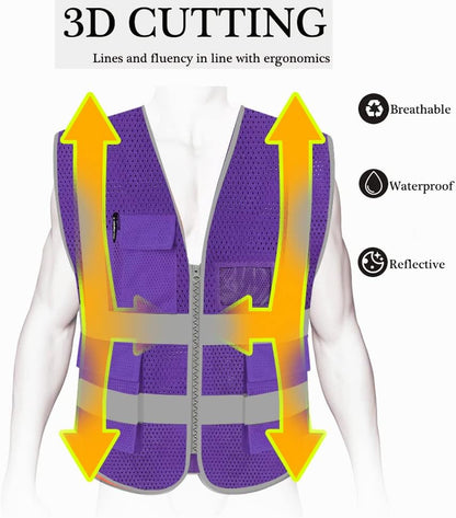 HYCOPROT High Visibility Mesh Safety Reflective Vest with Pockets and Zipper, Meets ANSI/ISEA Standards