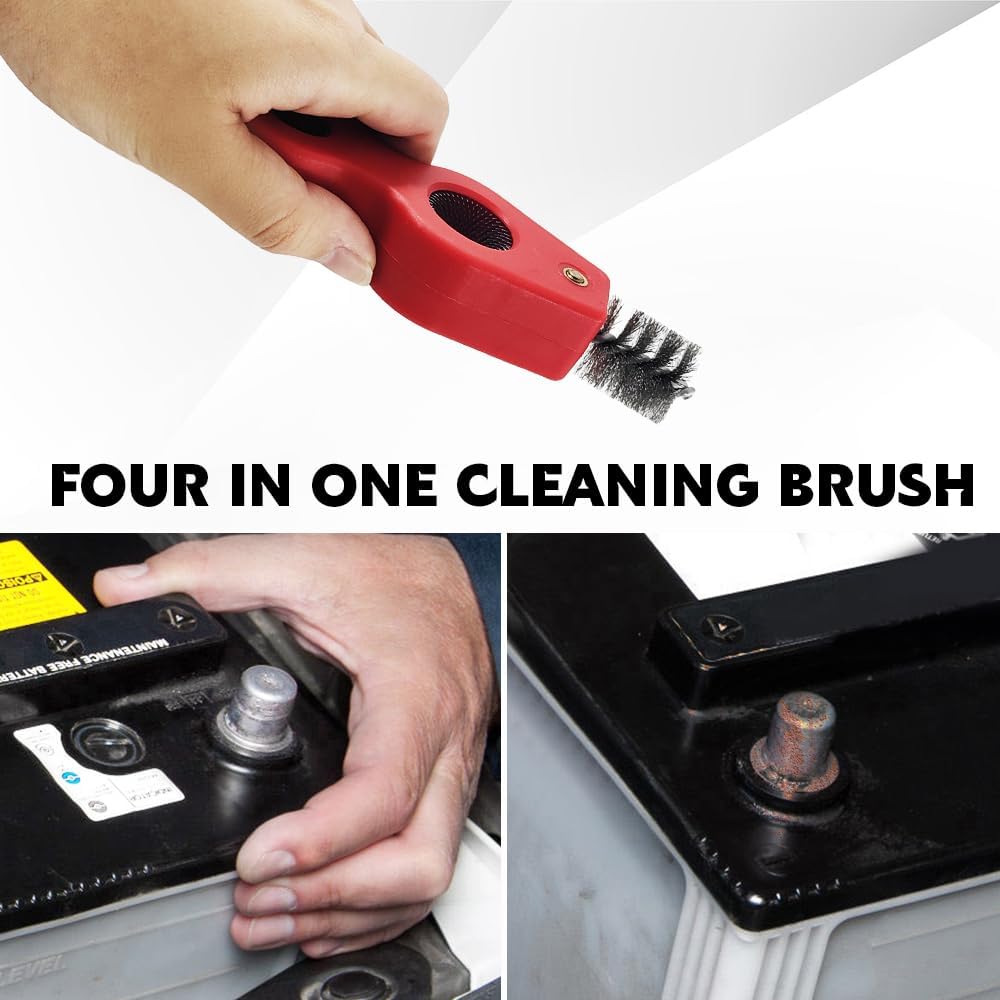 4 in 1 Car Battery Cleaning Brush, Battery Terminal Brush, Anti-Rust Auto Battery Cleaner with Steel Wire, Car Accessories Vehicle Machine Parts Cleaning Tools Fit for Auto Marine (Black)