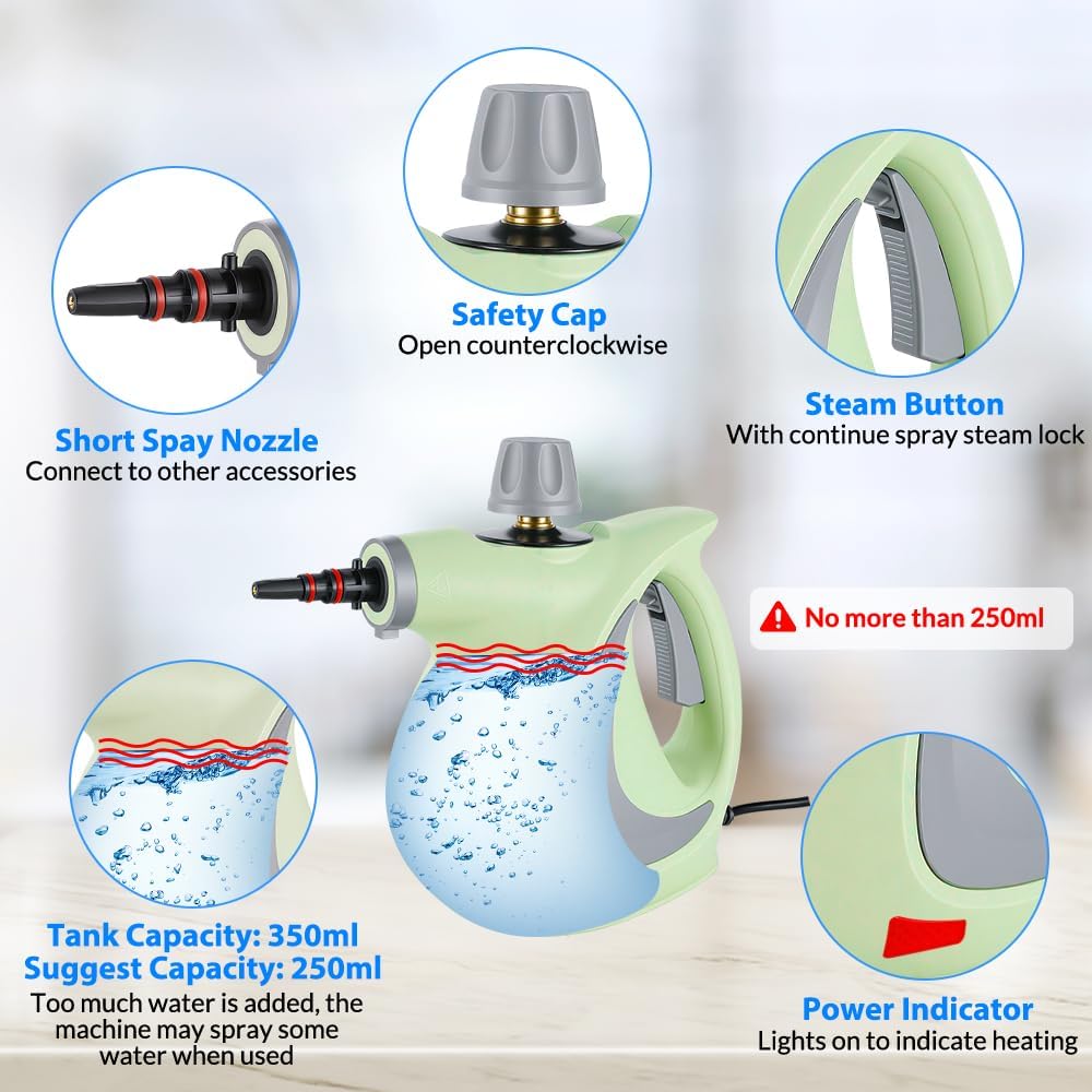 Handheld Pressurized Steam Cleaner with 12 pcs Accessories, Steamer for Cleaning, Steam Cleaner for Home Use, Steamer for Cleaning Car, Furniture, Floor, Upholstery, Grout and Tile, Deep Gray