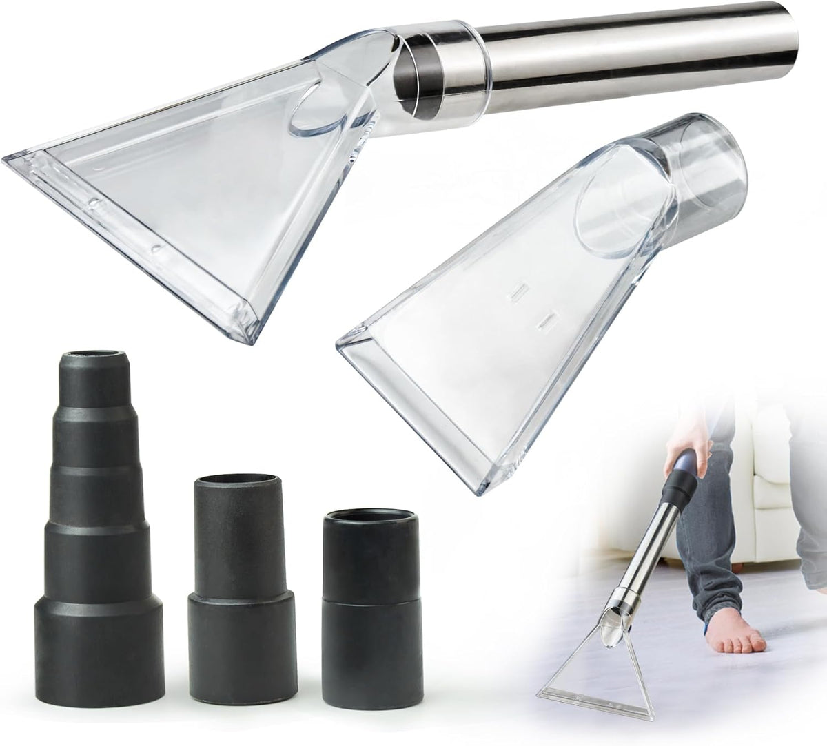 Universal Clear Vacuum Extraction Accessory with 1-1/4“,1-7/8” and 2-1/2” Adapter,Compatible with All Shop Vac Extractor,Wet Dry Vacuum Cleaner Attachments for Upholstery,Carpet Cleaning,Car Detailing
