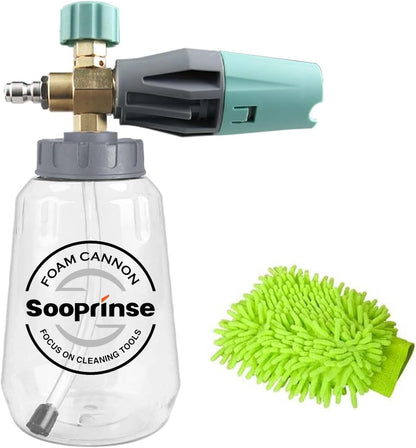 Sooprinse Short Pressure Washer Gun With Foam Cannon, High Pressure Snow Foam Lance, 1/4 Inch Quick Connector, Power Washer Blaster, Car Wash Mitt, 3000 PSI, 1 Liter