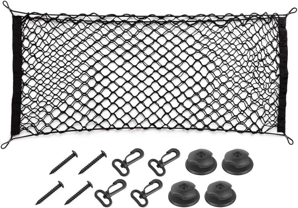 Osilly Car Rear Cargo Net, Double-Layer Adjustable Stretchable Elastic Storage Organizer Net, Trunk Cargo Storage Mesh Net with Hooks, Car Interior Accessories Fit for Vehicle, Trucks, SUV (Large)