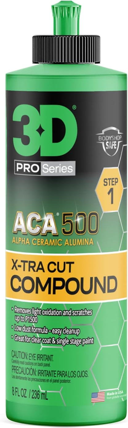 3D ACA 500 Cutting Compound – Step 1 Extra-Cut for Deep Paint Correction | Cuts P100 Grit or Finer | Body Shop Safe, Low Dust, Pro Detailer Formula | Made in USA - 8 oz