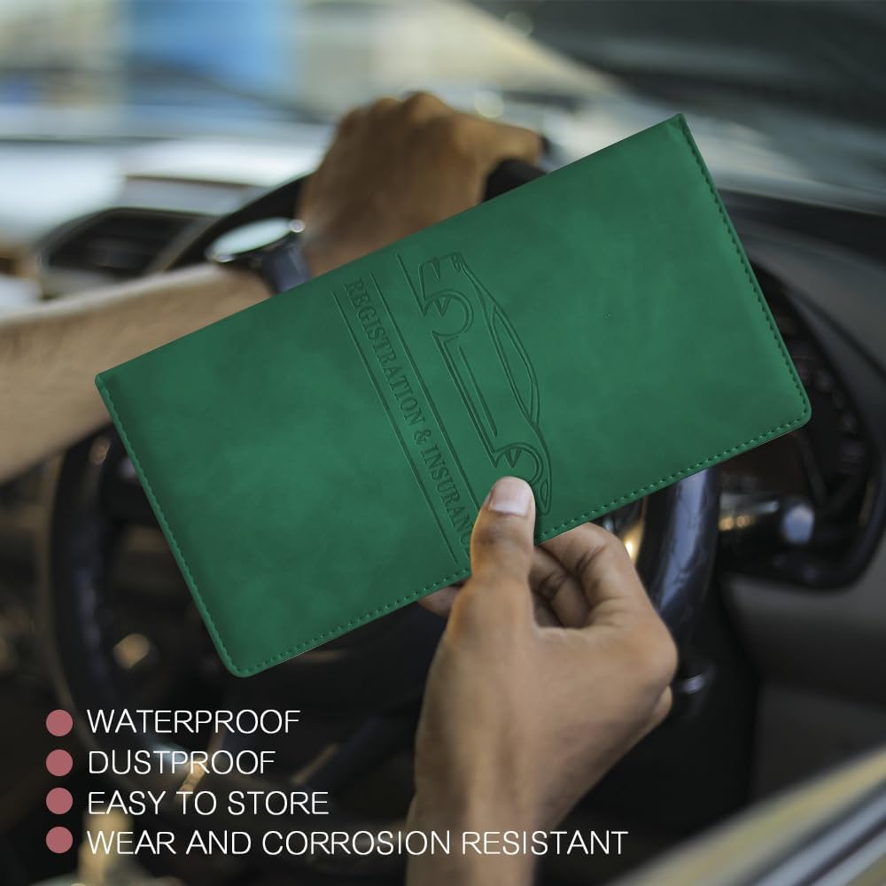Car Registration and Insurance Holder, Registration and Insurance Card Holder, Auto Glove Box Organizer with Magnetic Shut, PU Leather Automobile Documents Wallet for Cards (Dark Green)