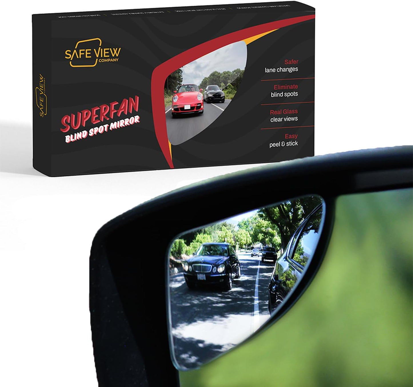 Superfan Blind Spot Mirrors for Cars by Safe View Company – Real Convex Glass for Clear Wide Angle Vision – Safer Lane Changes, Easy Stick-On, Weatherproof & Long Lasting Durability
