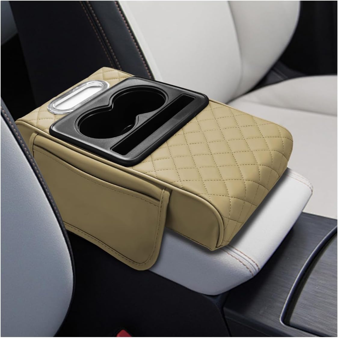 Leather Car Center Console Cover, Universal Automotive Armrest Booster Cushion, Vehicle Middle Console Organizer with 2 Cup Holders, Side Storage Bag, Tissue Box & Phone Slot(Black)