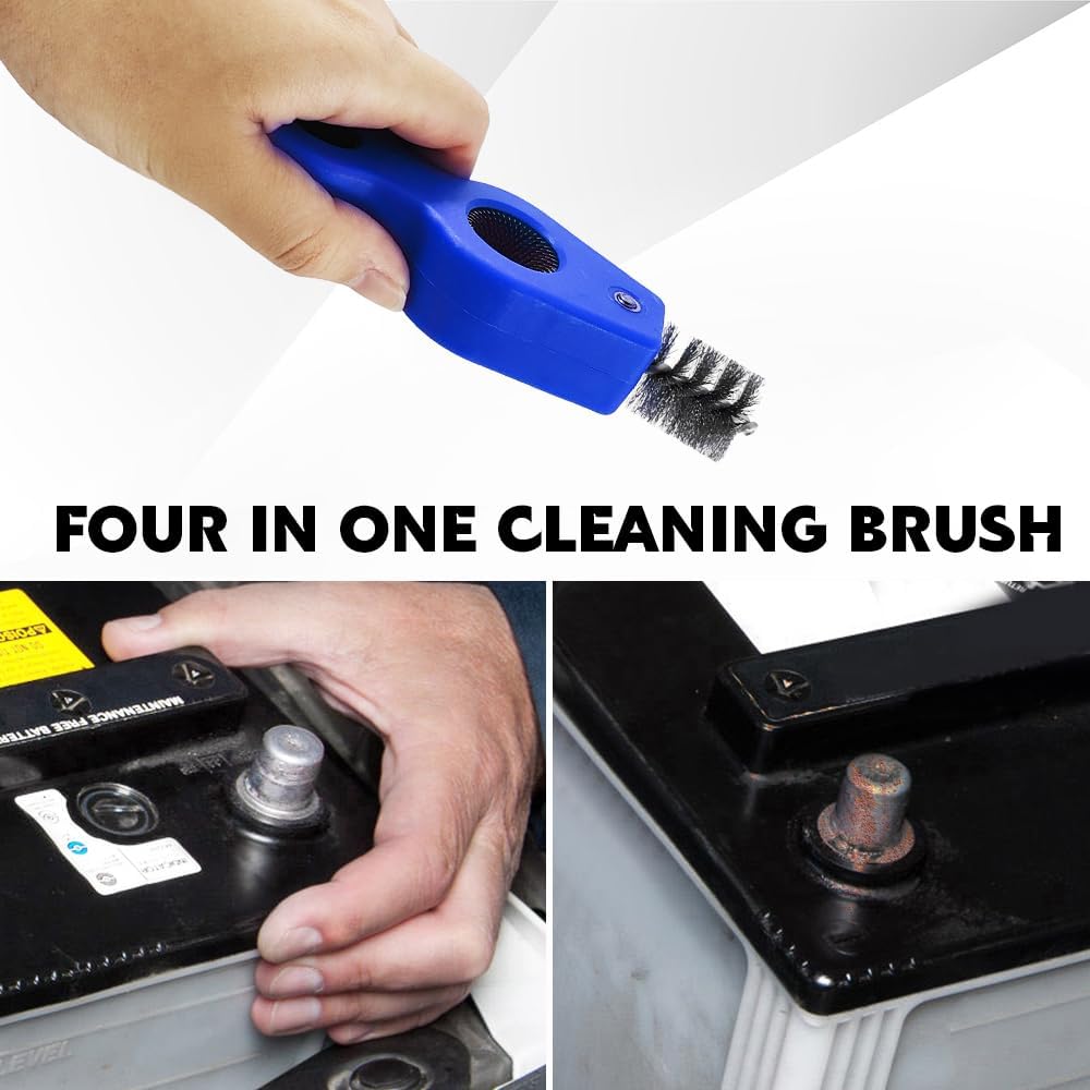 4 in 1 Car Battery Cleaning Brush, Battery Terminal Brush, Anti-Rust Auto Battery Cleaner with Steel Wire, Car Accessories Vehicle Machine Parts Cleaning Tools Fit for Auto Marine (Black)